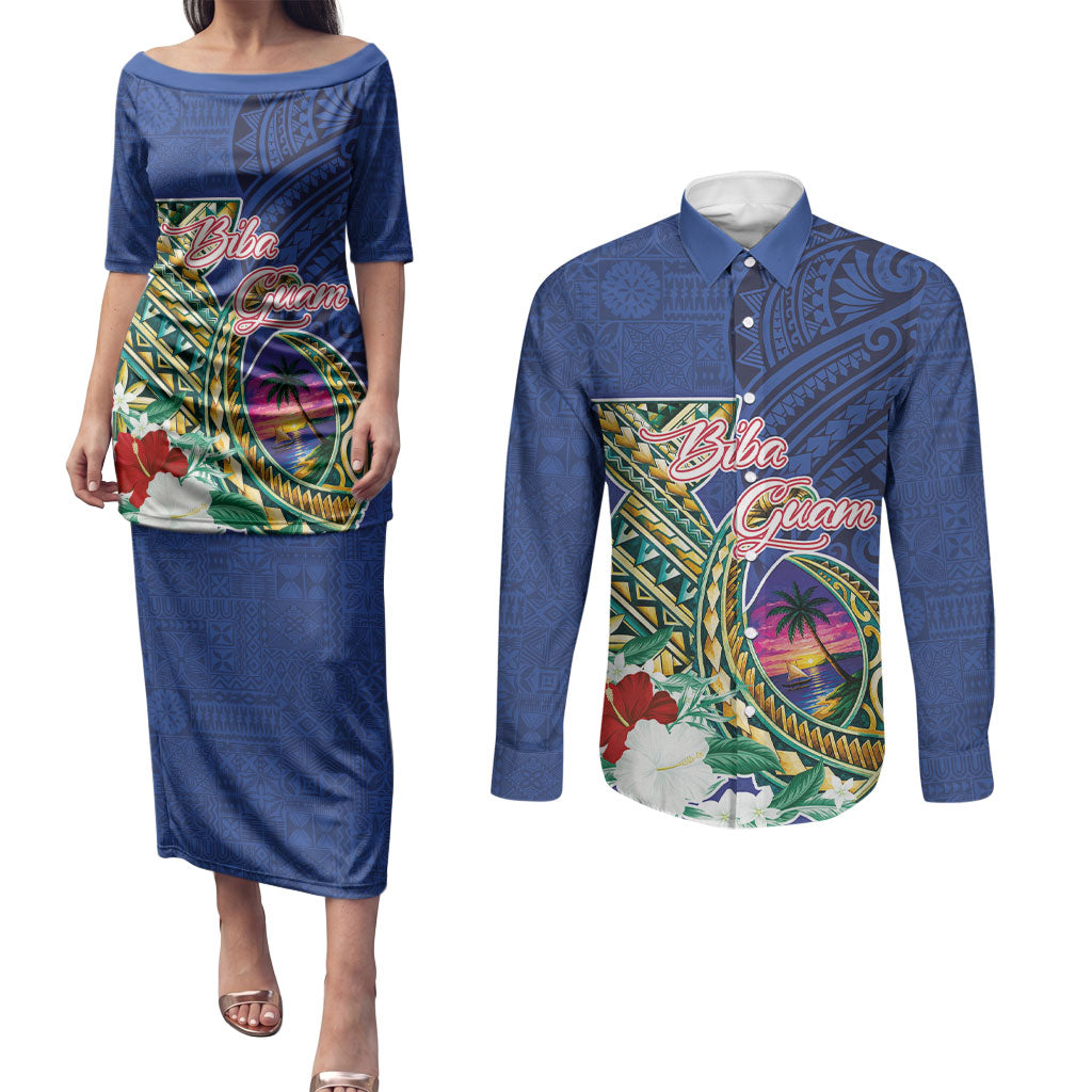 Guam Chamorro Couples Matching Puletasi and Long Sleeve Button Shirt Tribal Latte Stone and Seal Artwork Polynesian Patterns