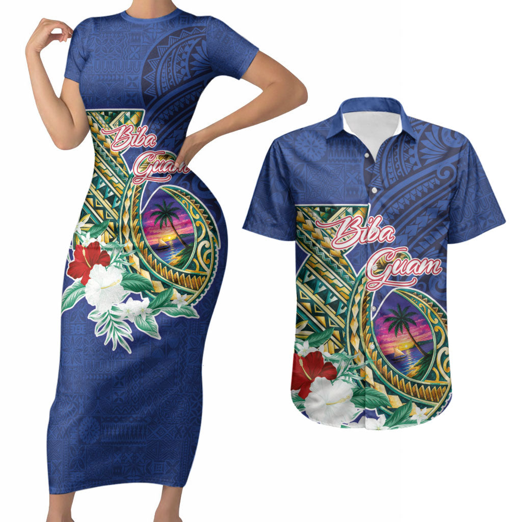 Guam Chamorro Couples Matching Short Sleeve Bodycon Dress and Hawaiian Shirt Tribal Latte Stone and Seal Artwork Polynesian Patterns