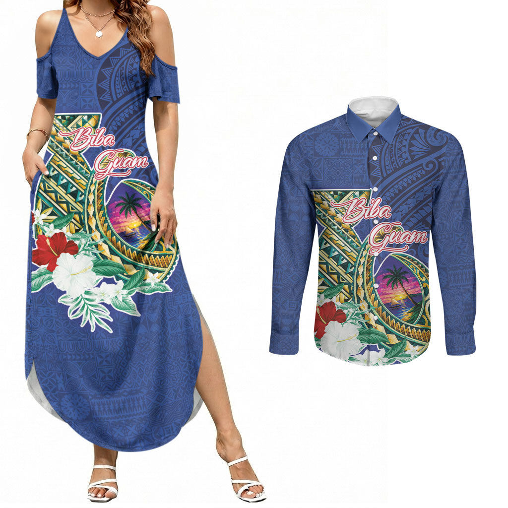 Guam Chamorro Couples Matching Summer Maxi Dress and Long Sleeve Button Shirt Tribal Latte Stone and Seal Artwork Polynesian Patterns