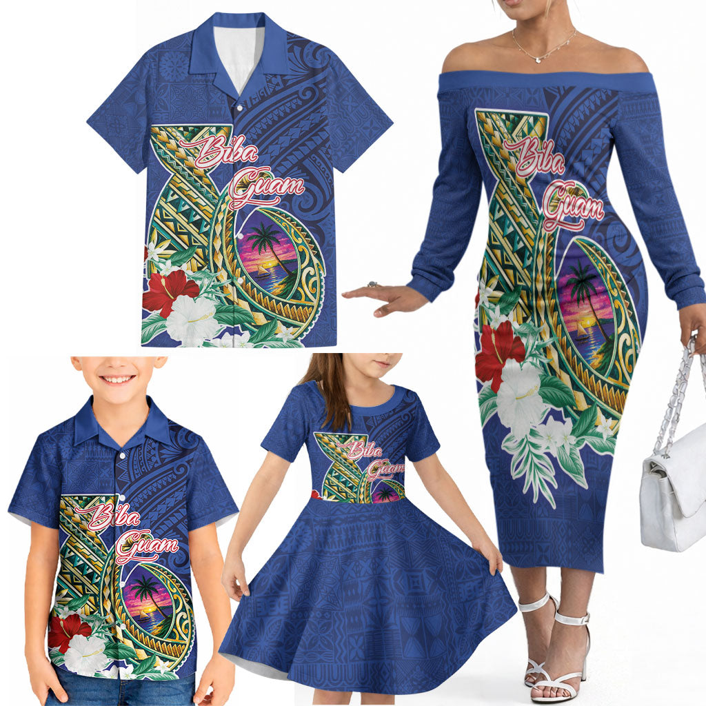 Guam Chamorro Family Matching Off The Shoulder Long Sleeve Dress and Hawaiian Shirt Tribal Latte Stone and Seal Artwork Polynesian Patterns