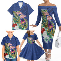 Guam Chamorro Family Matching Off The Shoulder Long Sleeve Dress and Hawaiian Shirt Tribal Latte Stone and Seal Artwork Polynesian Patterns