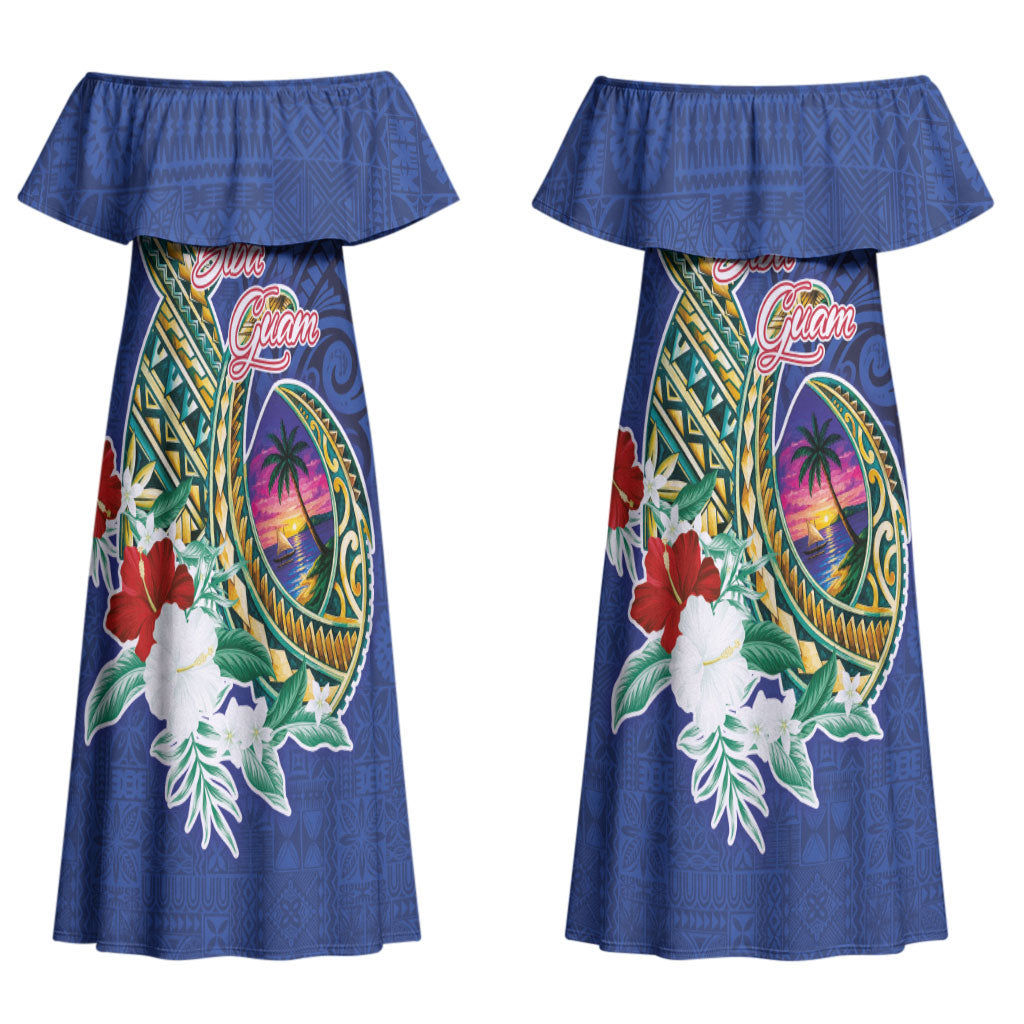 Guam Chamorro Family Matching Off Shoulder Maxi Dress and Hawaiian Shirt Tribal Latte Stone and Seal Artwork Polynesian Patterns