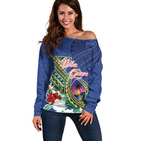 Guam Chamorro Off Shoulder Sweater Tribal Latte Stone and Seal Artwork Polynesian Patterns