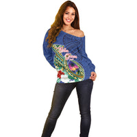 Guam Chamorro Off Shoulder Sweater Tribal Latte Stone and Seal Artwork Polynesian Patterns