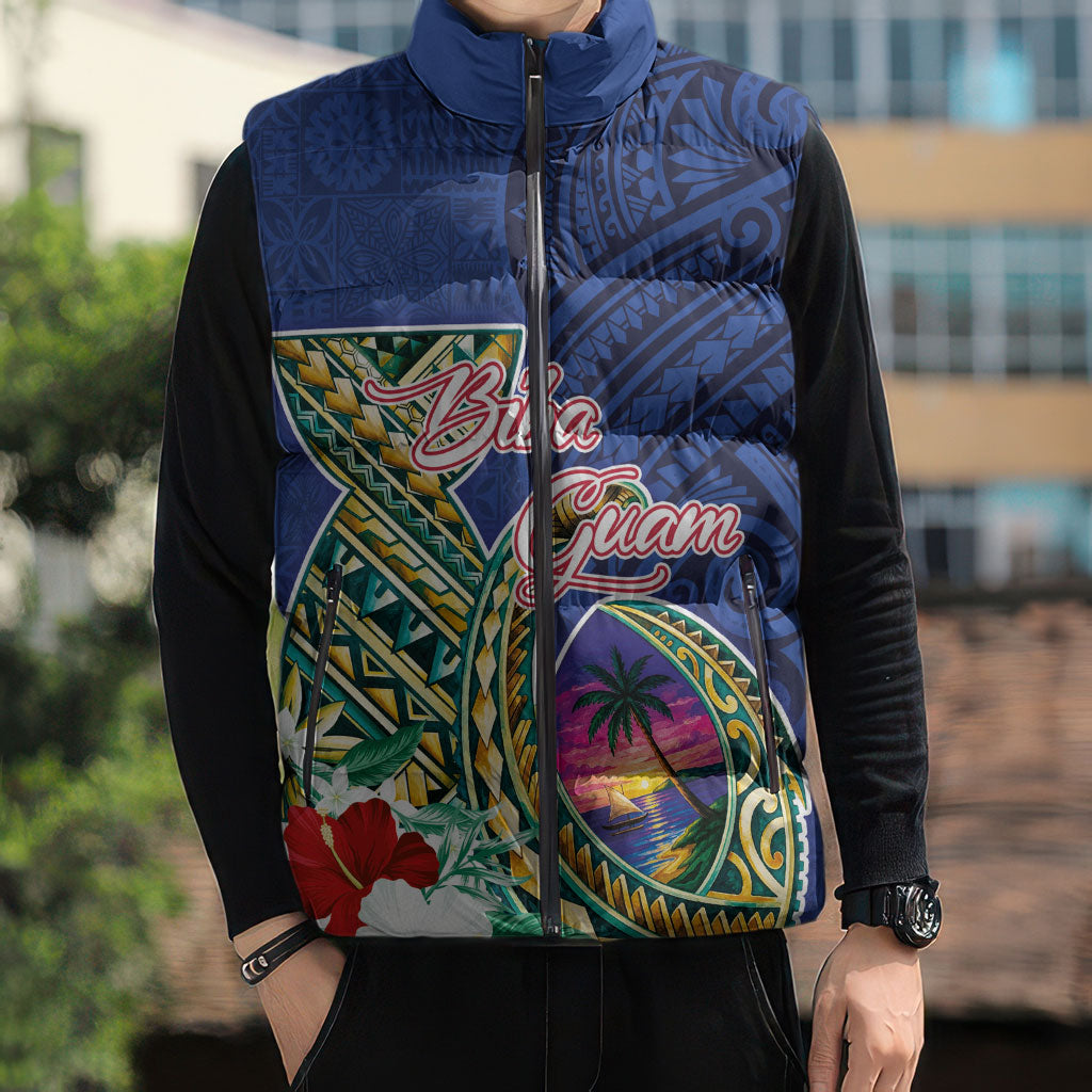 Guam Chamorro Sleeveless Puffer Jacket Tribal Latte Stone and Seal Artwork Polynesian Patterns