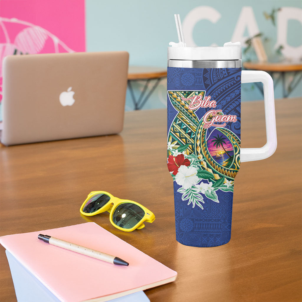 Guam Chamorro Tumbler With Handle Tribal Latte Stone and Seal Artwork Polynesian Patterns