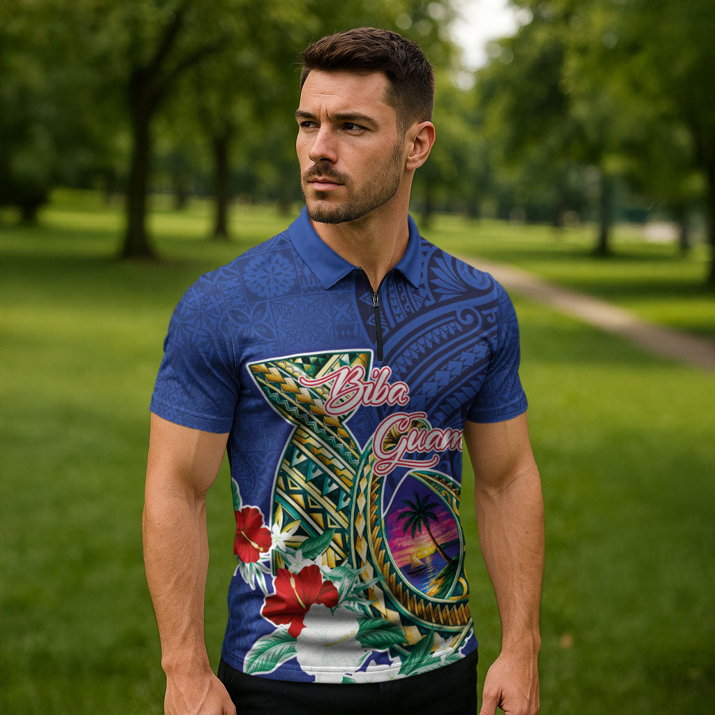 Guam Chamorro Zipper Polo Shirt Tribal Latte Stone and Seal Artwork Polynesian Patterns