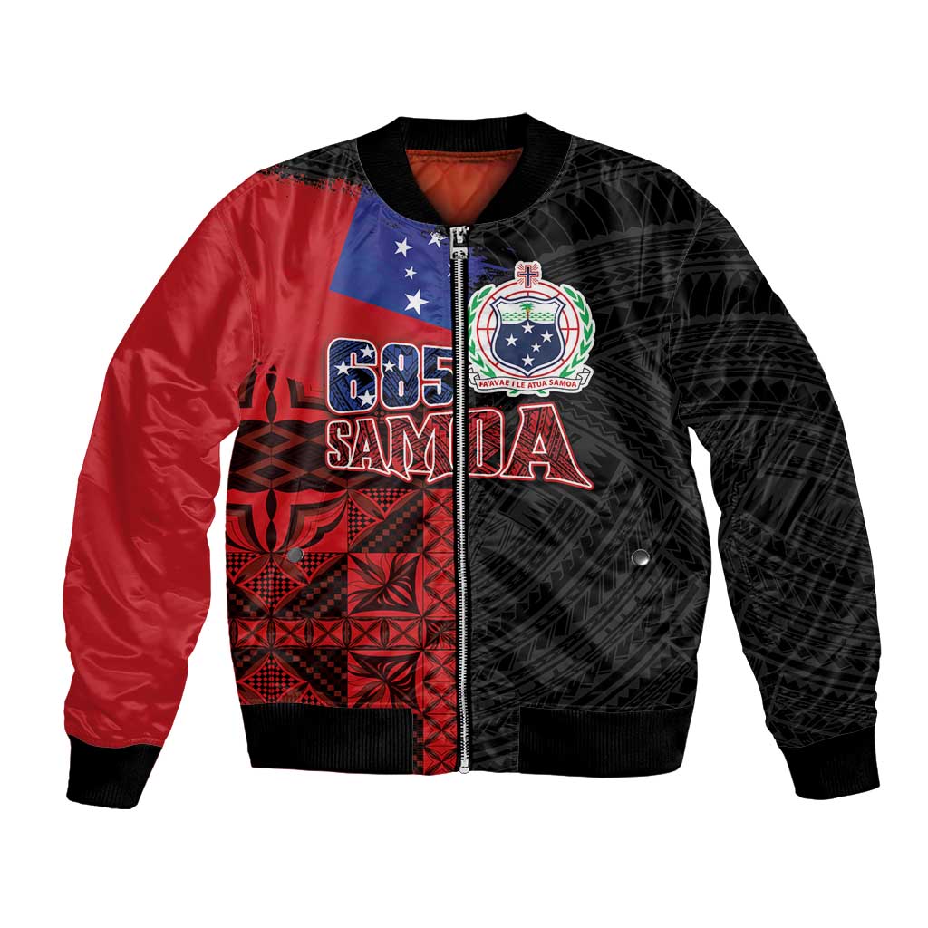 Personalised Samoa 685 Bomber Jacket Siapo Pattern and Samoa Flag Design LT03 Unisex Black - Polynesian Pride
