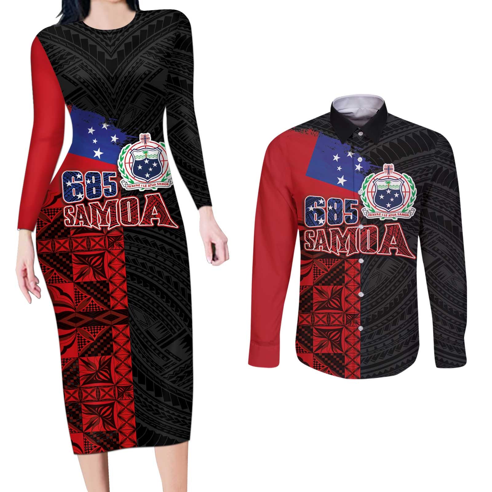 Personalised Samoa 685 Couples Matching Long Sleeve Bodycon Dress and Long Sleeve Button Shirt Siapo Pattern and Samoa Flag Design LT03 Black - Polynesian Pride