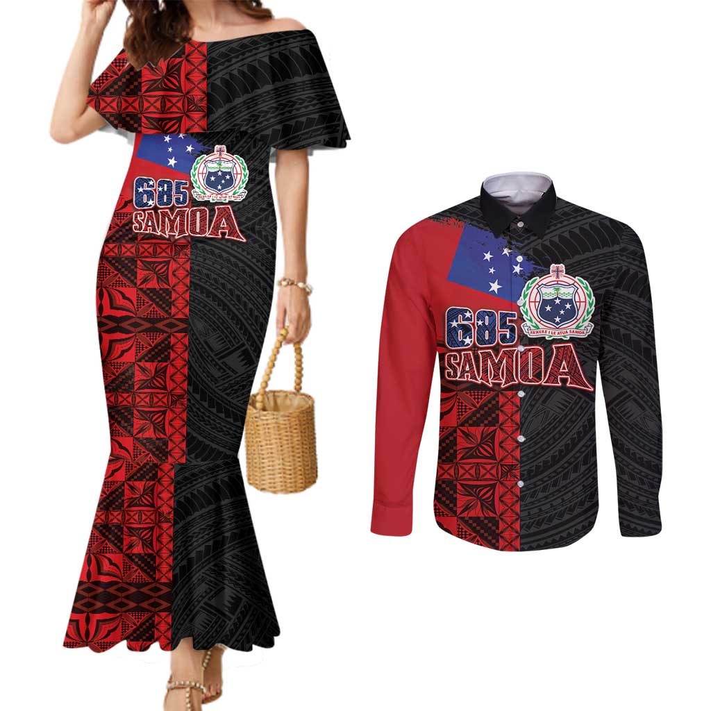 Personalised Samoa 685 Couples Matching Mermaid Dress and Long Sleeve Button Shirt Siapo Pattern and Samoa Flag Design LT03 Black - Polynesian Pride