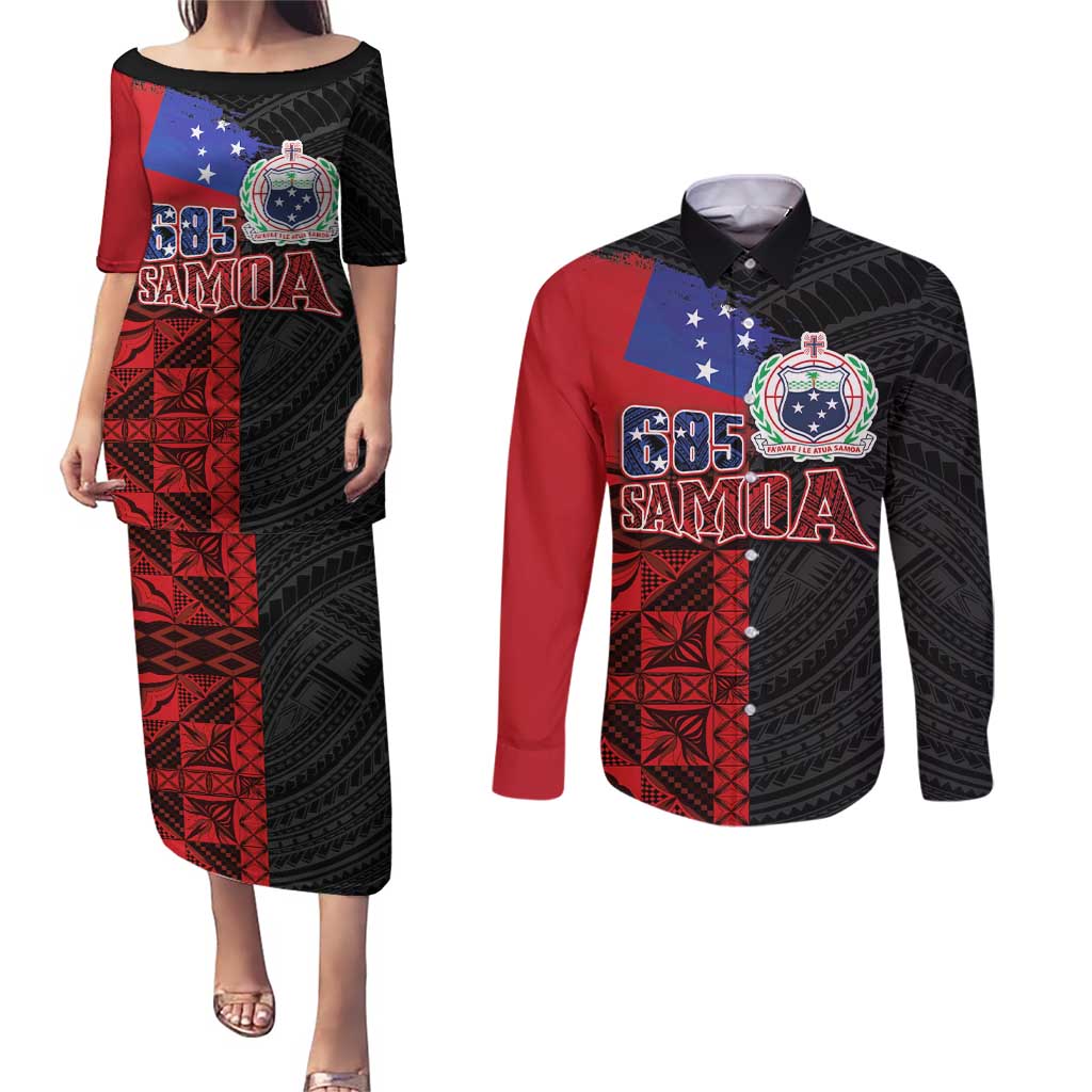Personalised Samoa 685 Couples Matching Puletasi and Long Sleeve Button Shirt Siapo Pattern and Samoa Flag Design LT03 Black - Polynesian Pride