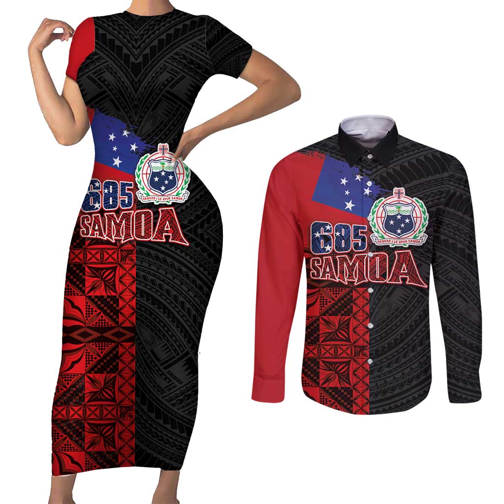 Personalised Samoa 685 Couples Matching Short Sleeve Bodycon Dress and Long Sleeve Button Shirt Siapo Pattern and Samoa Flag Design LT03 Black - Polynesian Pride