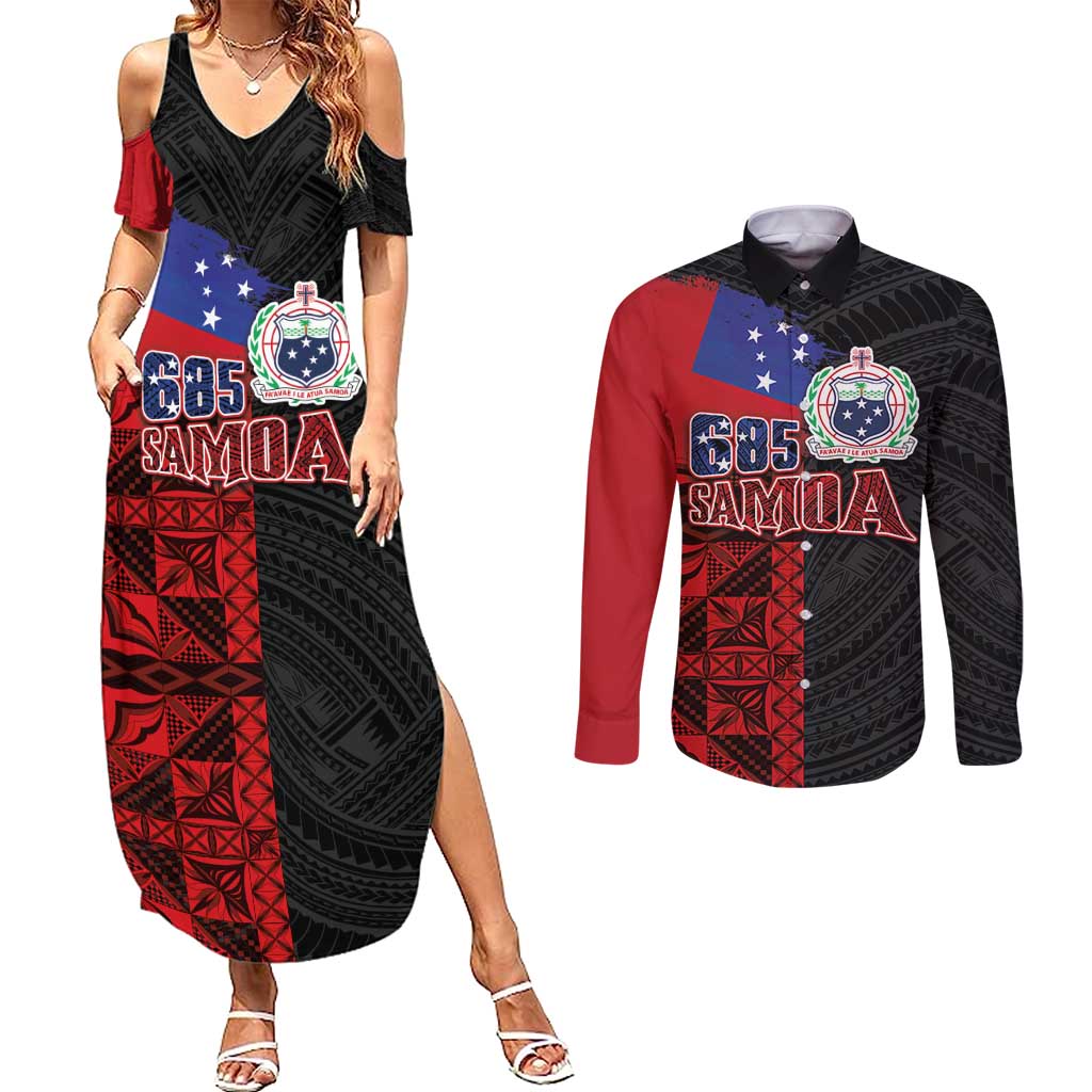 Personalised Samoa 685 Couples Matching Summer Maxi Dress and Long Sleeve Button Shirt Siapo Pattern and Samoa Flag Design LT03 Black - Polynesian Pride