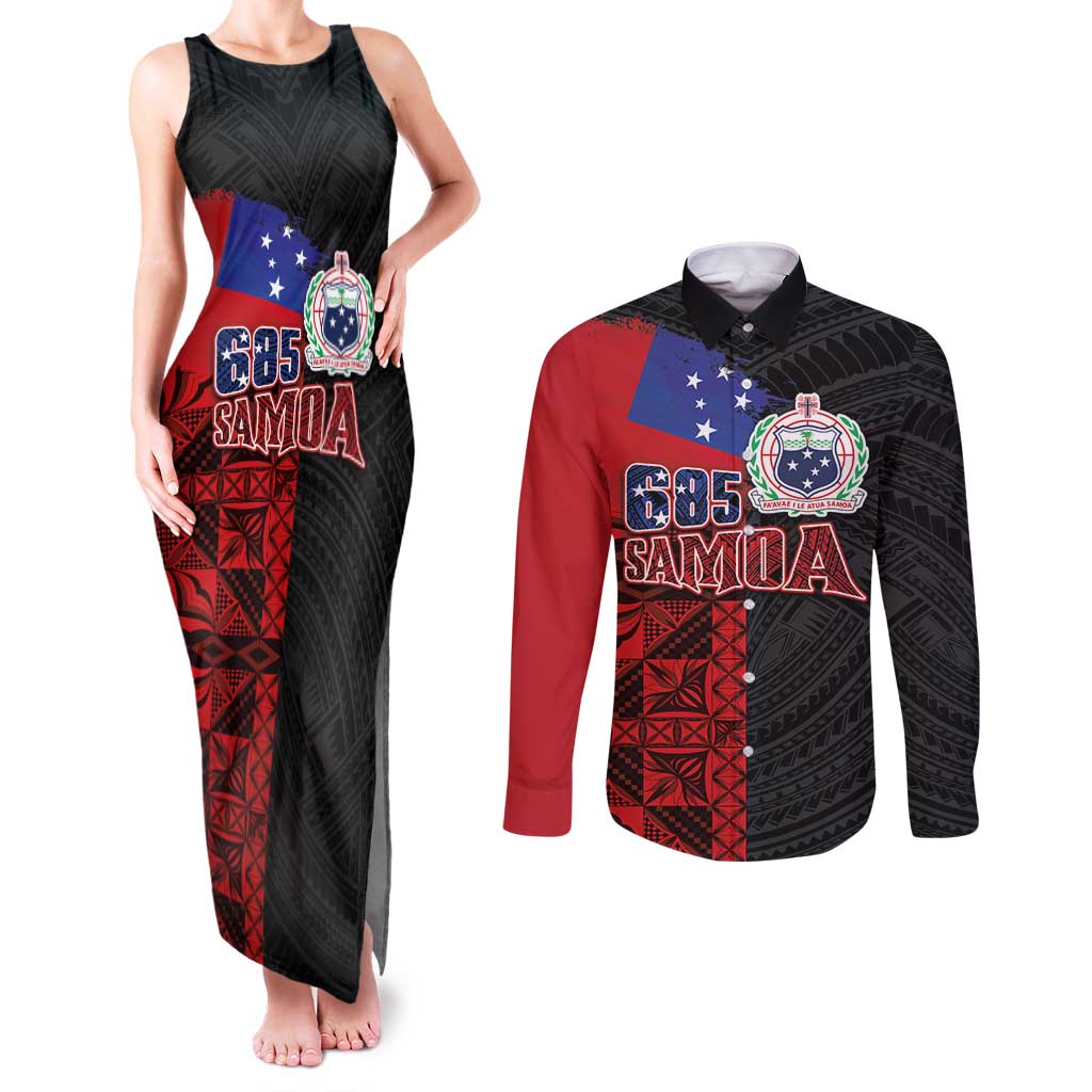 Personalised Samoa 685 Couples Matching Tank Maxi Dress and Long Sleeve Button Shirt Siapo Pattern and Samoa Flag Design LT03 Black - Polynesian Pride