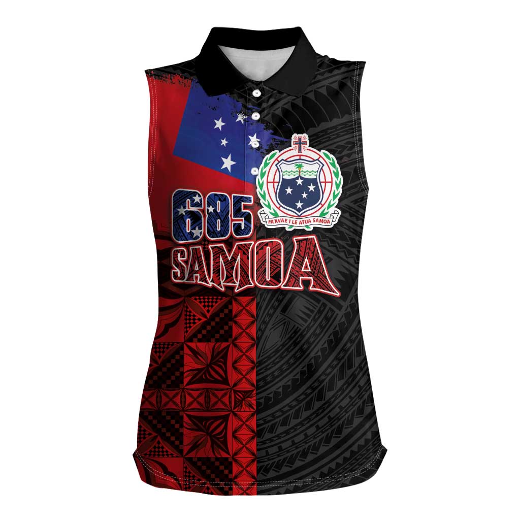 Personalised Samoa 685 Women Sleeveless Polo Shirt Siapo Pattern and Samoa Flag Design LT03 Female Black - Polynesian Pride