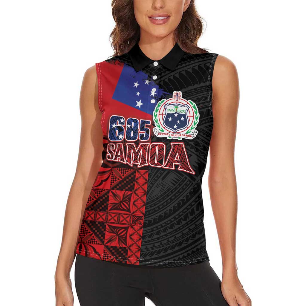 Personalised Samoa 685 Women Sleeveless Polo Shirt Siapo Pattern and Samoa Flag Design