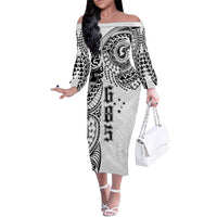 Samoa 685 Art Traditional Tattoo Pattern Family Matching Off The Shoulder Long Sleeve Dress and Hawaiian Shirt White Color