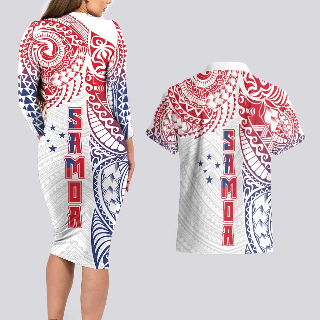 Samoa 685 Art Traditional Tattoo Pattern Couples Matching Long Sleeve Bodycon Dress and Hawaiian Shirt Gradient Color LT03 - Polynesian Pride