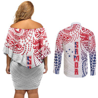 Samoa 685 Art Traditional Tattoo Pattern Couples Matching Off Shoulder Short Dress and Long Sleeve Button Shirt Gradient Color