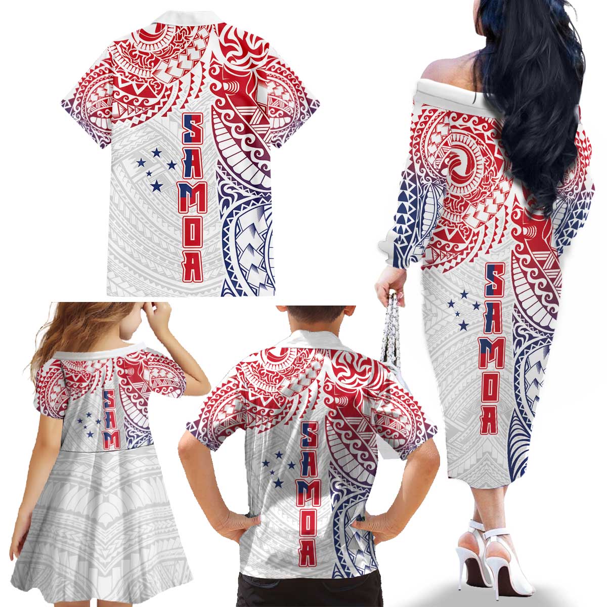 Samoa 685 Art Traditional Tattoo Pattern Family Matching Off The Shoulder Long Sleeve Dress and Hawaiian Shirt Gradient Color