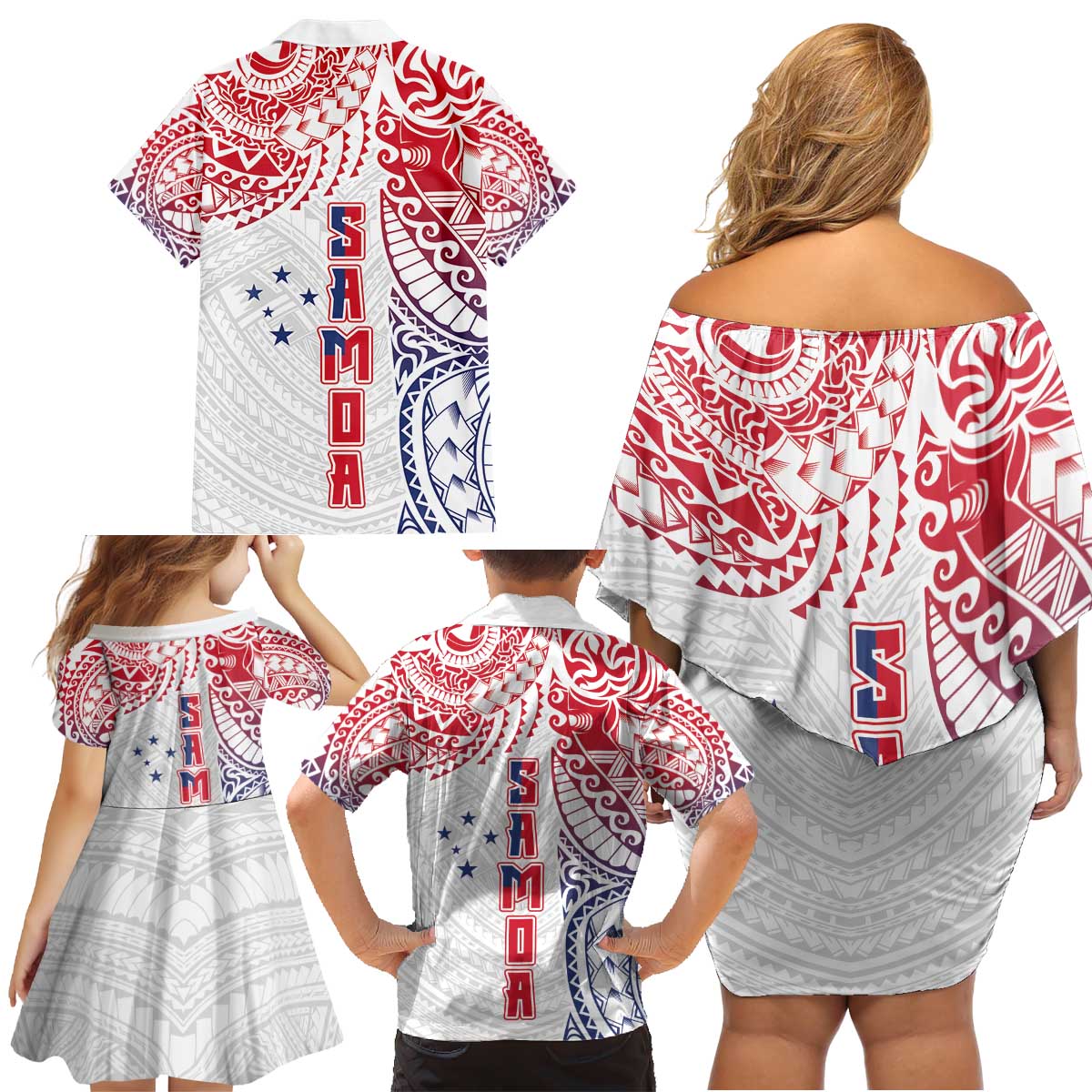 Samoa 685 Art Traditional Tattoo Pattern Family Matching Off Shoulder Short Dress and Hawaiian Shirt Gradient Color
