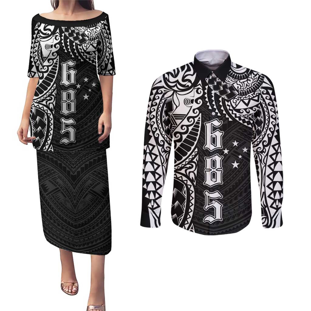 Samoa 685 Art Traditional Tattoo Pattern Couples Matching Puletasi and Long Sleeve Button Shirt Black Color LT03 Black - Polynesian Pride