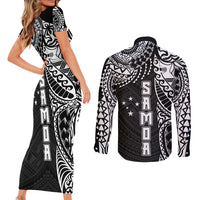 Samoa 685 Art Traditional Tattoo Pattern Couples Matching Short Sleeve Bodycon Dress and Long Sleeve Button Shirt Black Color