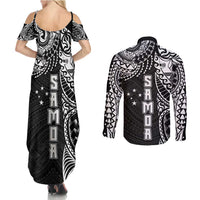 Samoa 685 Art Traditional Tattoo Pattern Couples Matching Summer Maxi Dress and Long Sleeve Button Shirt Black Color
