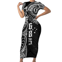 Samoa 685 Art Traditional Tattoo Pattern Short Sleeve Bodycon Dress Black Color LT03 Long Dress Black - Polynesian Pride