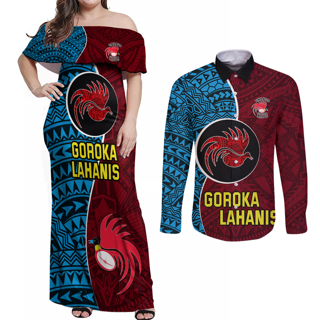 Bintangor Goroka Lahanis Rugby Couples Matching Off Shoulder Maxi Dress and Long Sleeve Button Shirts Papua New Guinea Polynesian Tattoo LT03 Red - Polynesian Pride