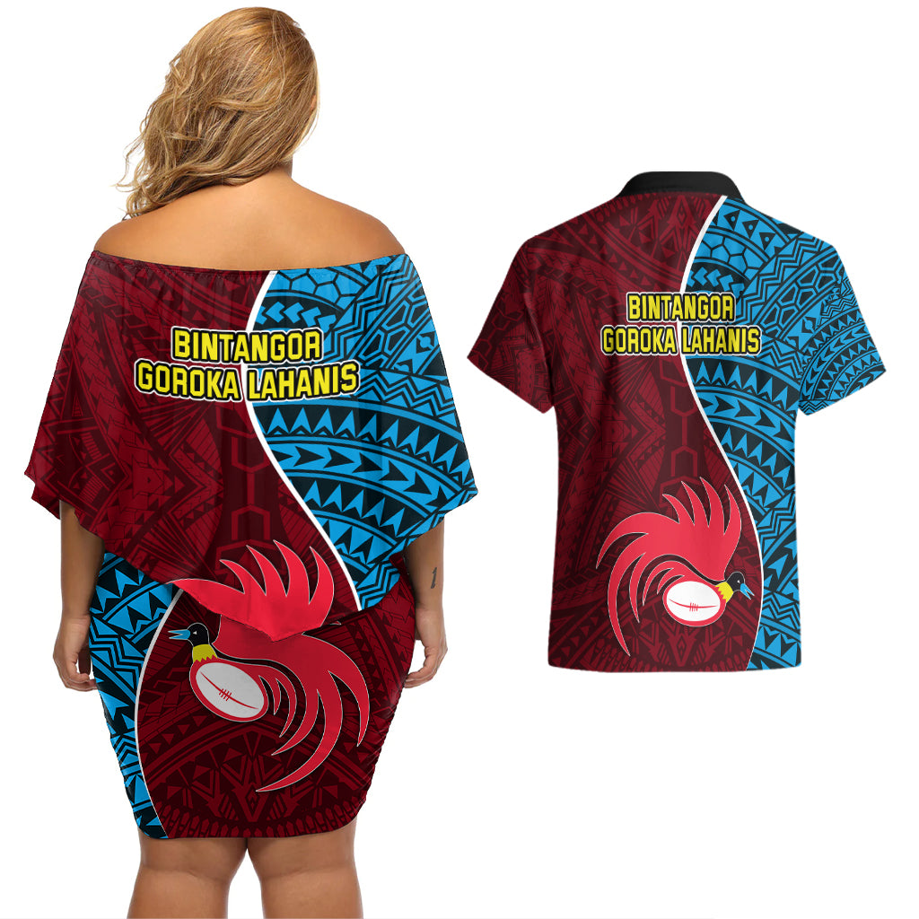 Bintangor Goroka Lahanis Rugby Couples Matching Off Shoulder Short Dress and Hawaiian Shirt Papua New Guinea Polynesian Tattoo LT03 - Polynesian Pride