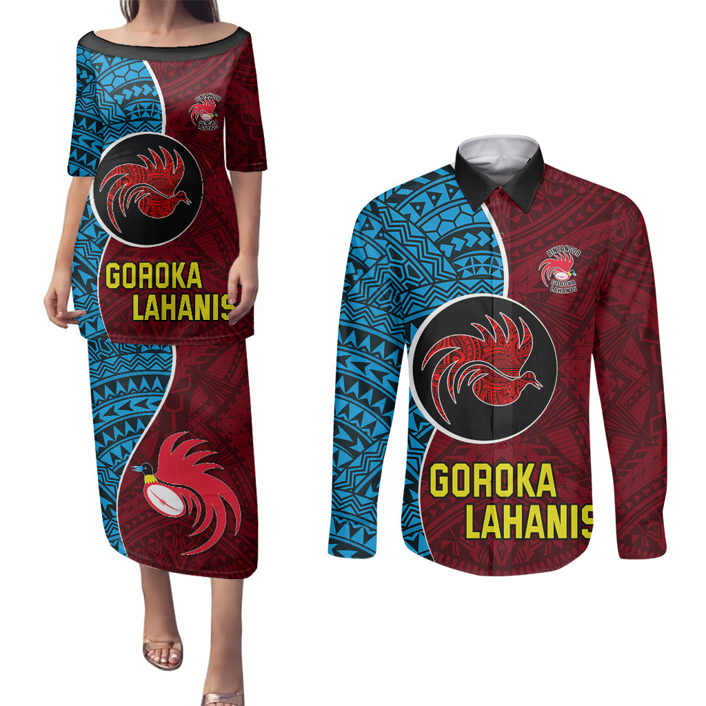 Bintangor Goroka Lahanis Rugby Couples Matching Puletasi Dress and Long Sleeve Button Shirts Papua New Guinea Polynesian Tattoo LT03 Red - Polynesian Pride