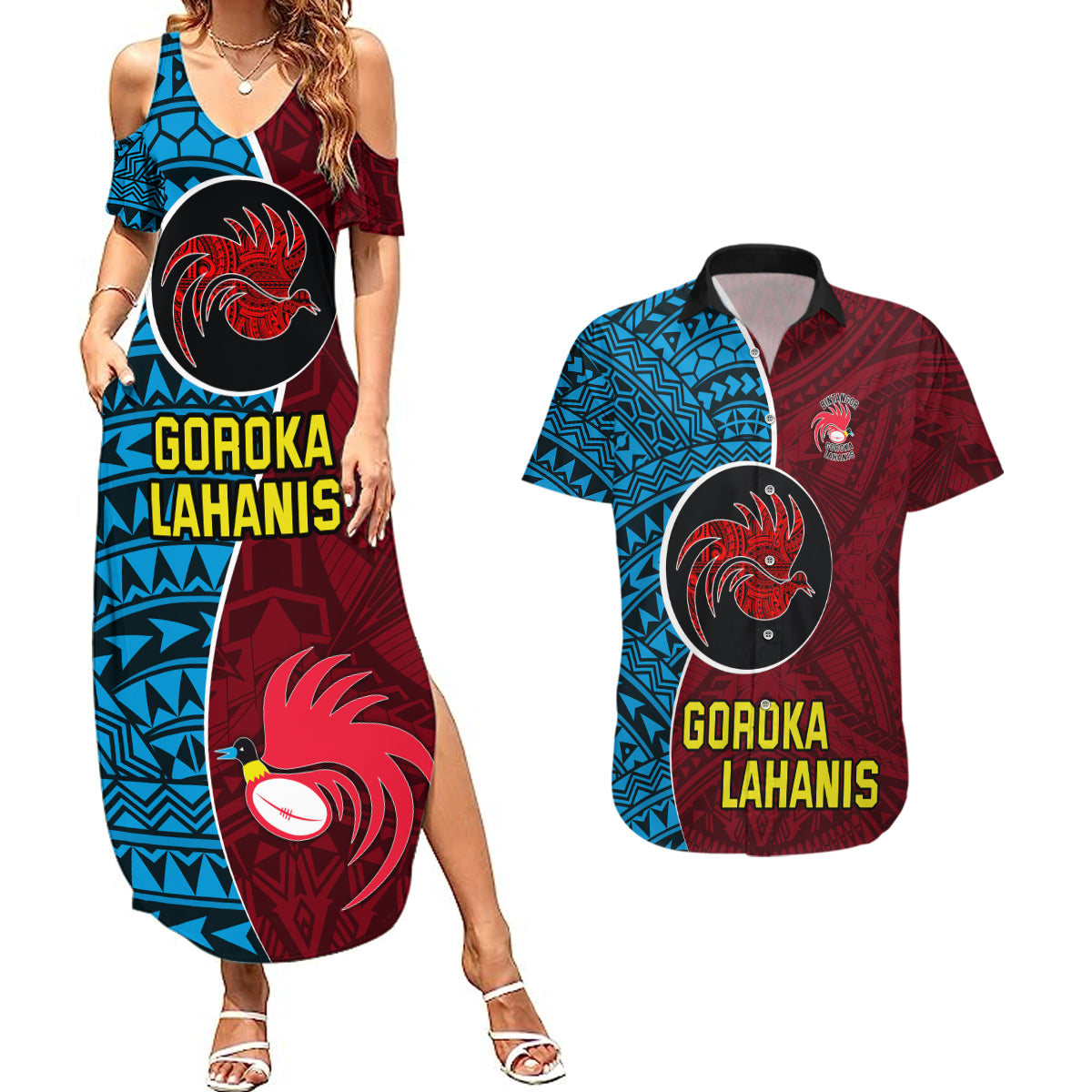 Bintangor Goroka Lahanis Rugby Couples Matching Summer Maxi Dress and Hawaiian Shirt Papua New Guinea Polynesian Tattoo LT03 Red - Polynesian Pride