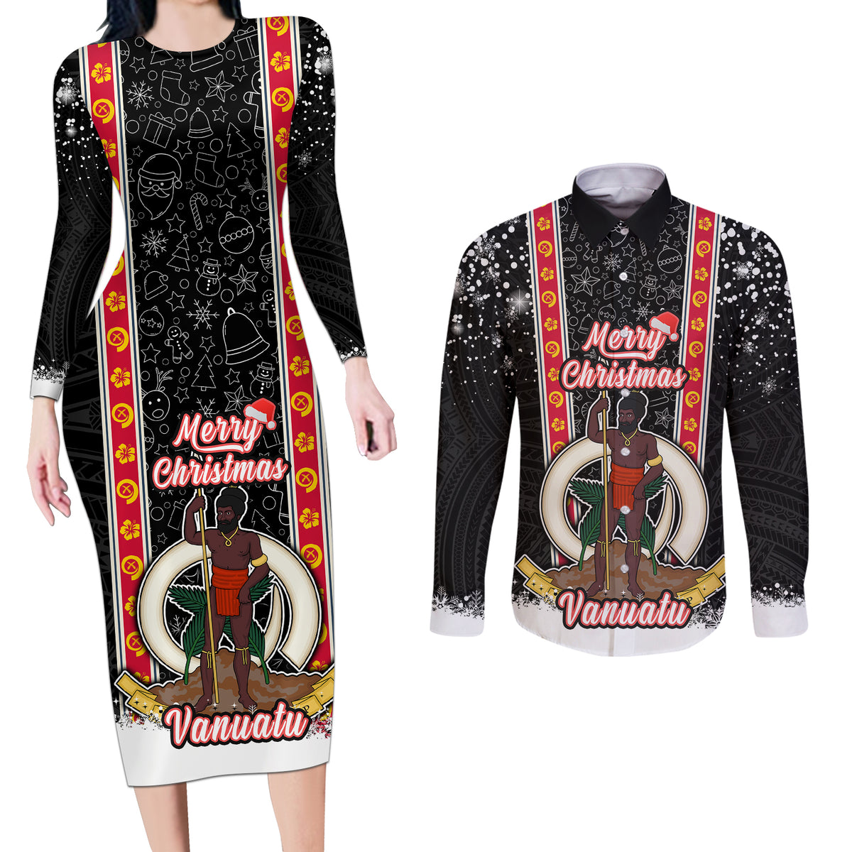 Vanuatu Christmas Couples Matching Long Sleeve Bodycon Dress and Long Sleeve Button Shirts Polynesian Tribal Snow Style LT03 Black - Polynesian Pride