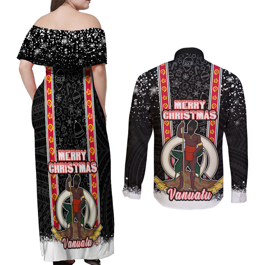 Vanuatu Christmas Couples Matching Off Shoulder Maxi Dress and Long Sleeve Button Shirts Polynesian Tribal Snow Style LT03 - Polynesian Pride