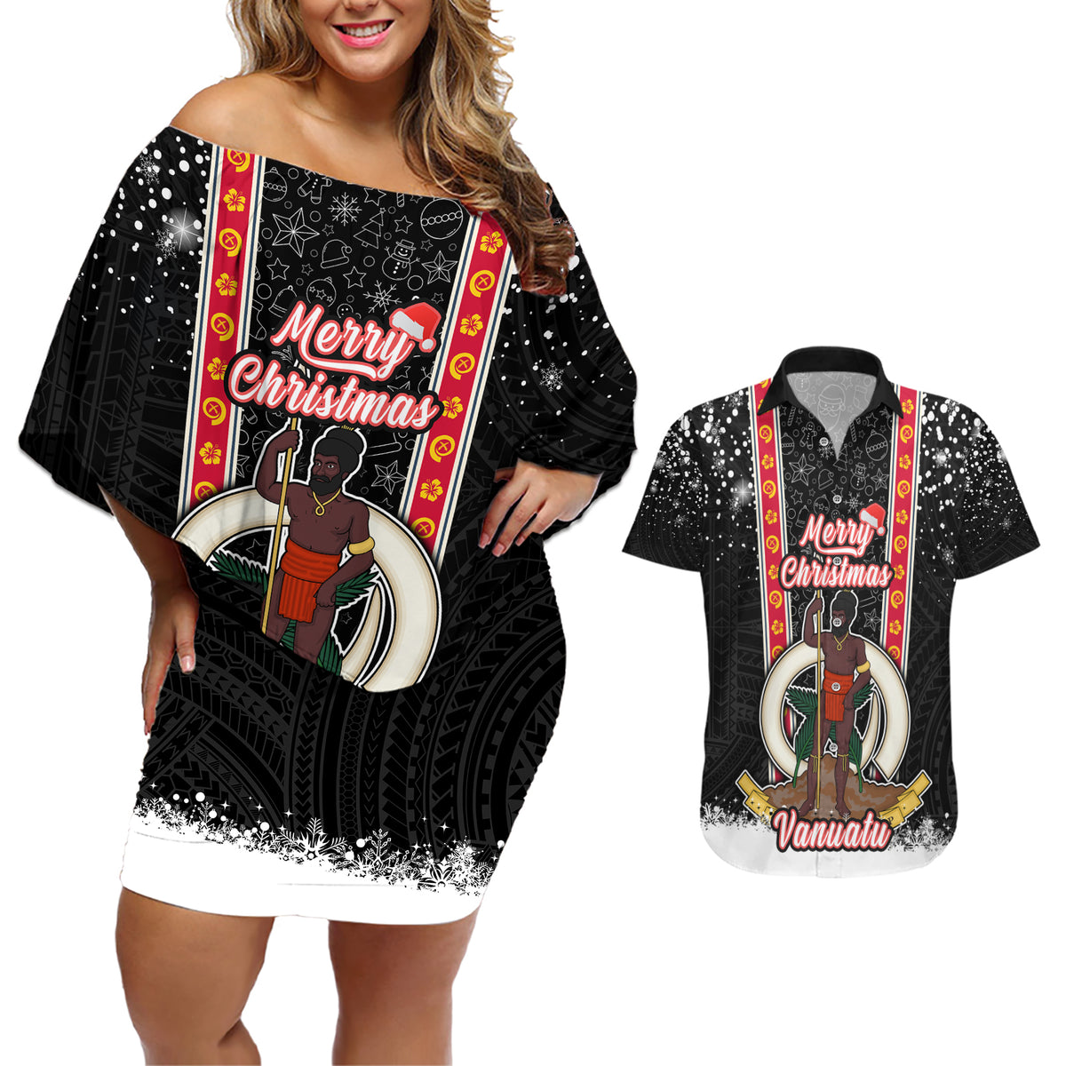 Vanuatu Christmas Couples Matching Off Shoulder Short Dress and Hawaiian Shirt Polynesian Tribal Snow Style LT03 Black - Polynesian Pride