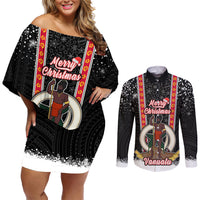 Vanuatu Christmas Couples Matching Off Shoulder Short Dress and Long Sleeve Button Shirts Polynesian Tribal Snow Style LT03 Black - Polynesian Pride