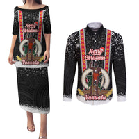 Vanuatu Christmas Couples Matching Puletasi Dress and Long Sleeve Button Shirts Polynesian Tribal Snow Style LT03 Black - Polynesian Pride