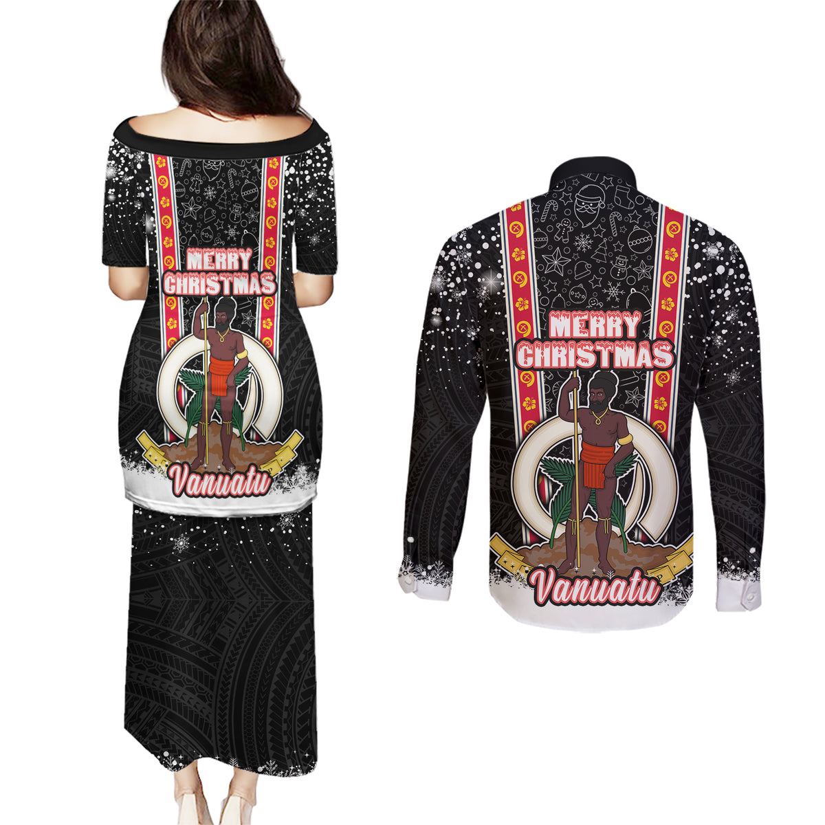 Vanuatu Christmas Couples Matching Puletasi Dress and Long Sleeve Button Shirts Polynesian Tribal Snow Style LT03 - Polynesian Pride