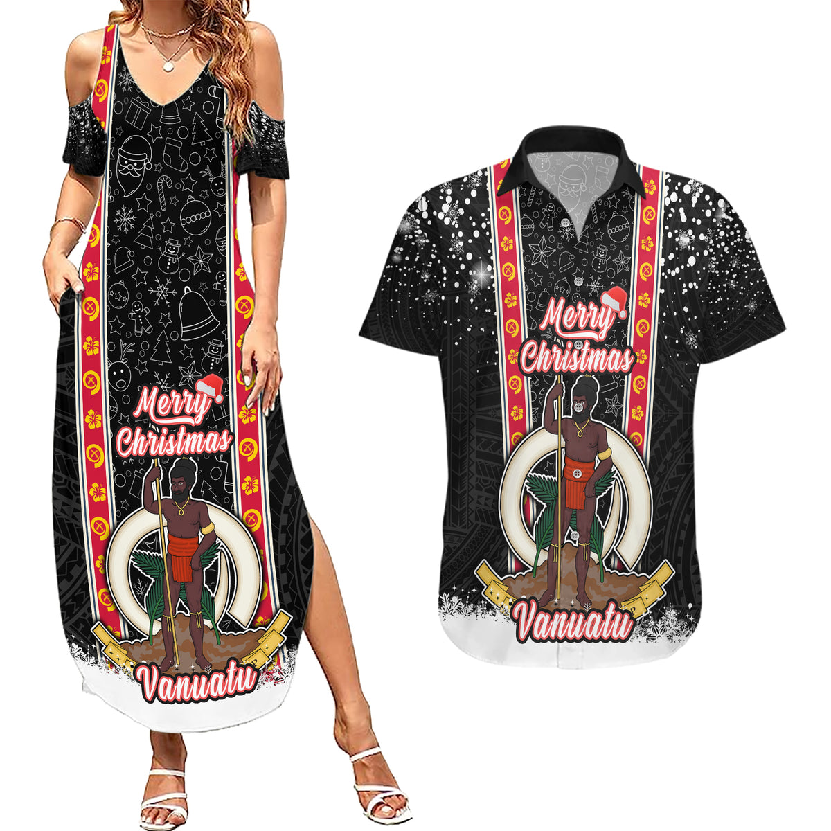 Vanuatu Christmas Couples Matching Summer Maxi Dress and Hawaiian Shirt Polynesian Tribal Snow Style LT03 Black - Polynesian Pride