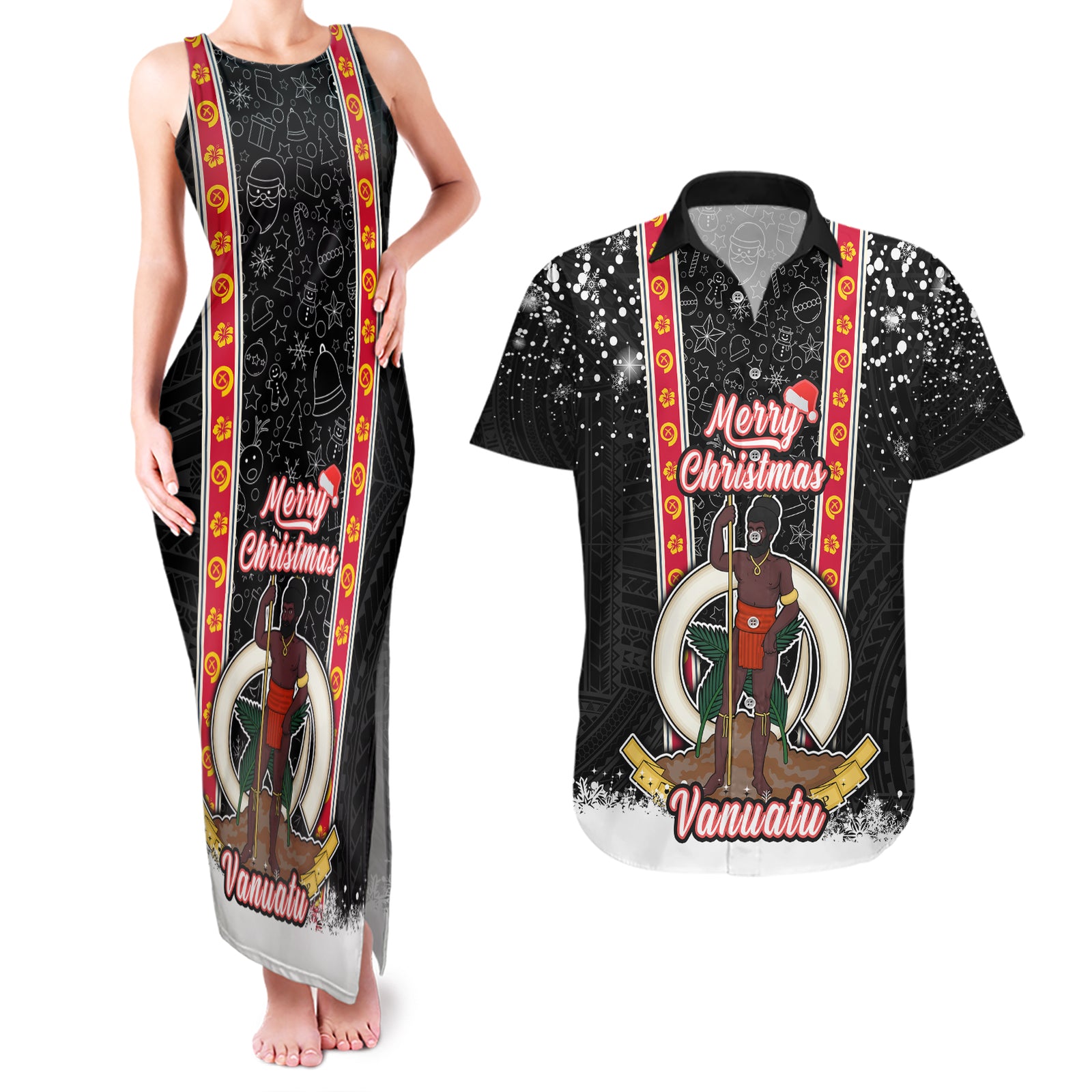 Vanuatu Christmas Couples Matching Tank Maxi Dress and Hawaiian Shirt Polynesian Tribal Snow Style LT03 Black - Polynesian Pride