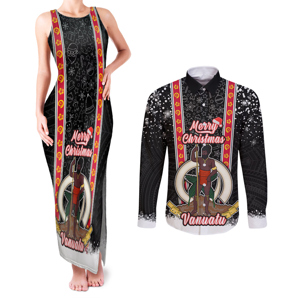 Vanuatu Christmas Couples Matching Tank Maxi Dress and Long Sleeve Button Shirts Polynesian Tribal Snow Style LT03 Black - Polynesian Pride