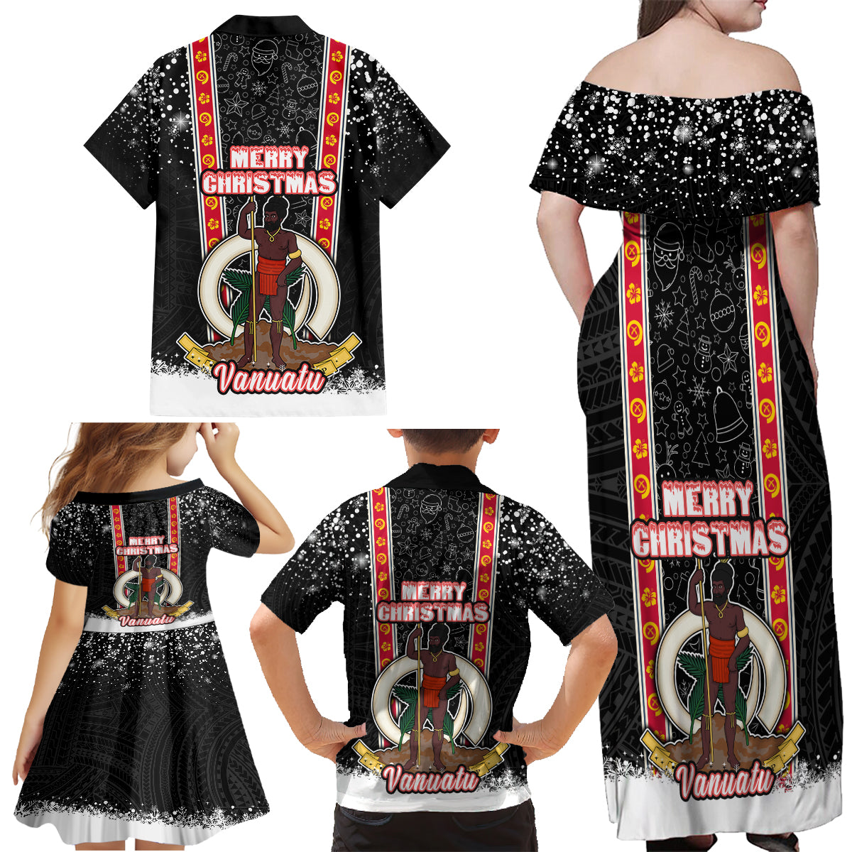 Vanuatu Christmas Family Matching Off Shoulder Maxi Dress and Hawaiian Shirt Polynesian Tribal Snow Style LT03 - Polynesian Pride