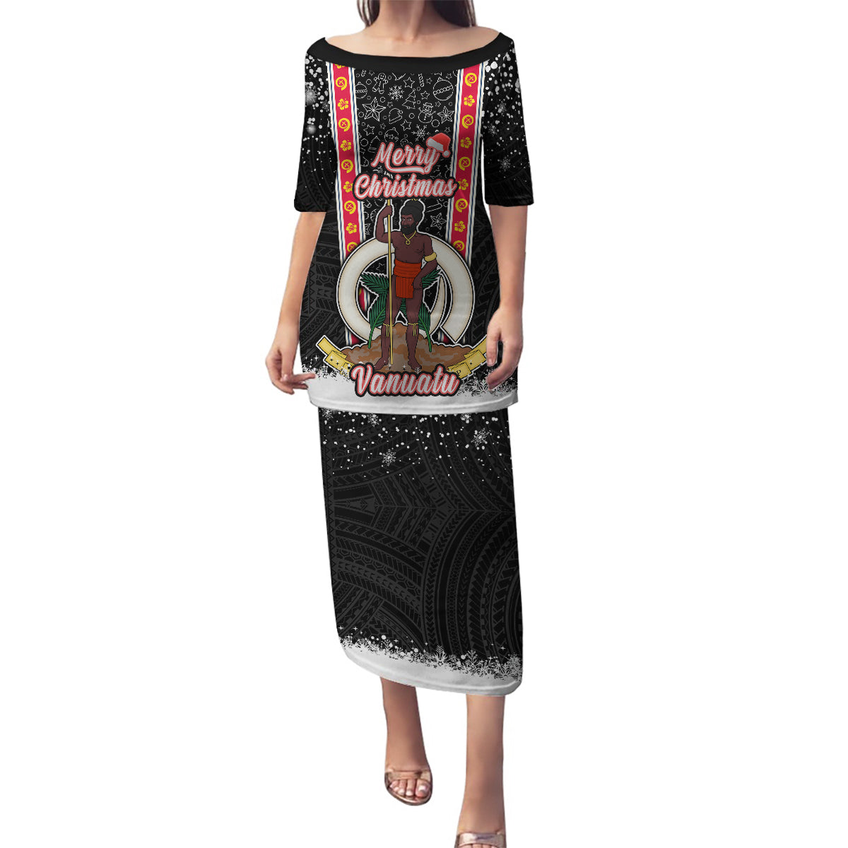 Vanuatu Christmas Family Matching Puletasi Dress and Hawaiian Shirt Polynesian Tribal Snow Style LT03 Mom's Dress Black - Polynesian Pride