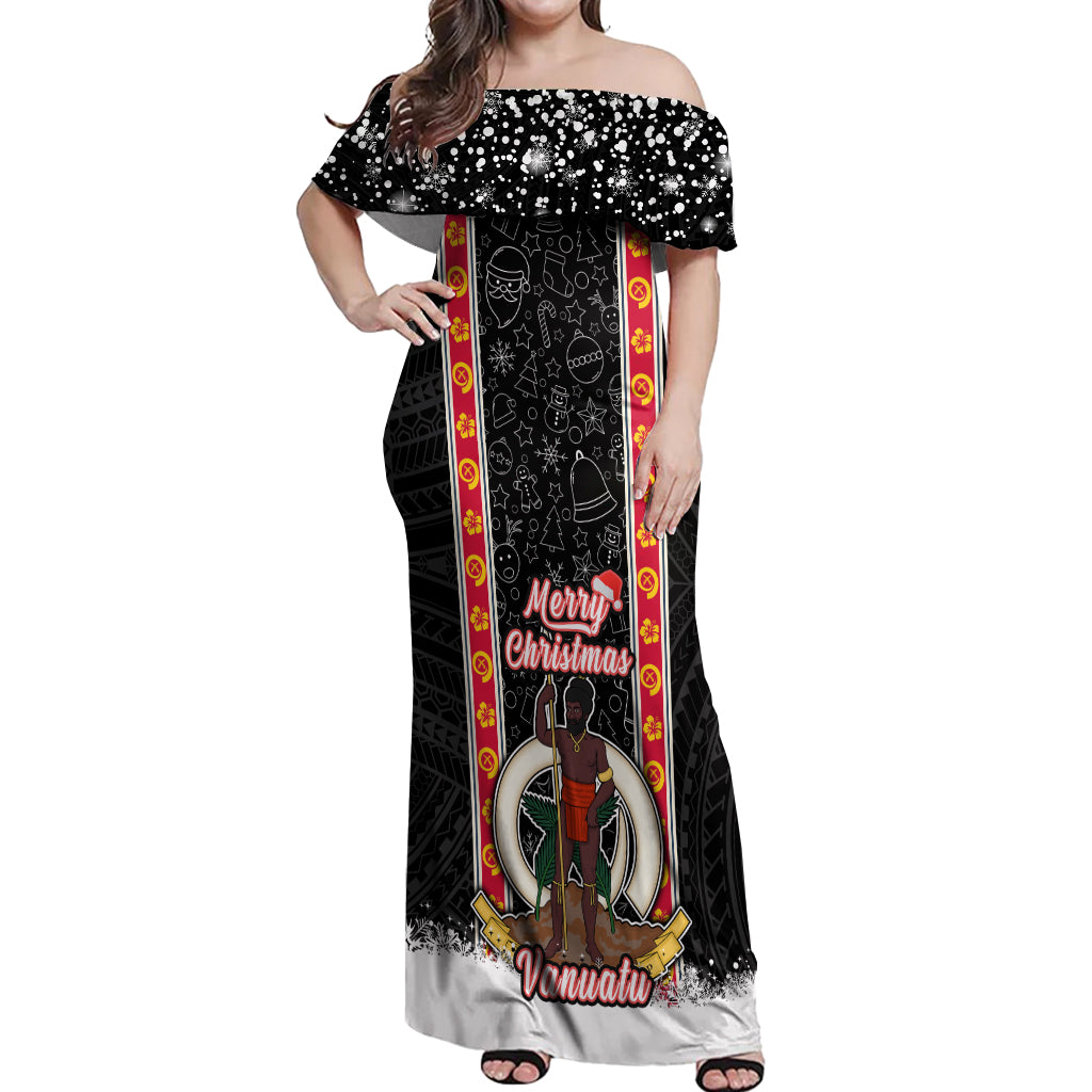 Vanuatu Christmas Off Shoulder Maxi Dress Polynesian Tribal Snow Style LT03 Women Black - Polynesian Pride