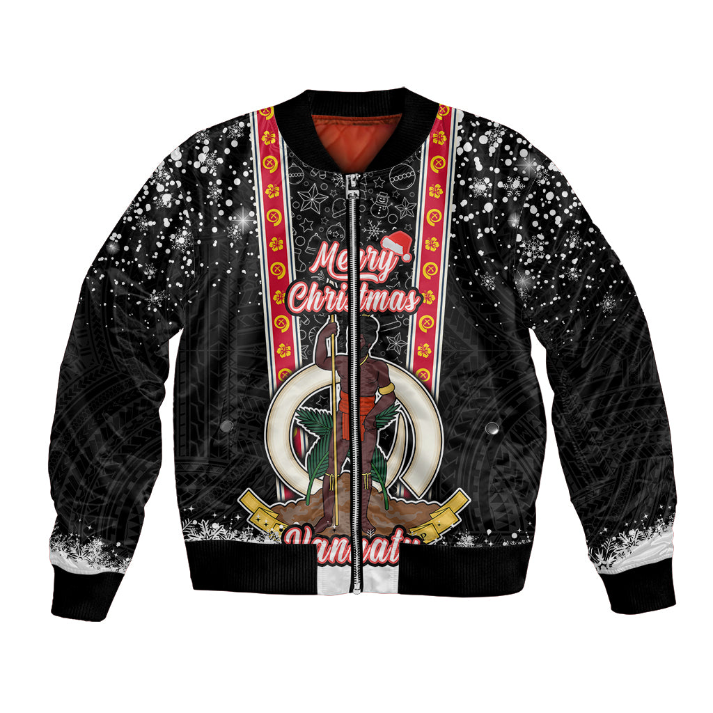 Personalised Vanuatu Christmas Bomber Jacket Polynesian Tribal Snow Style LT03 Unisex Black - Polynesian Pride