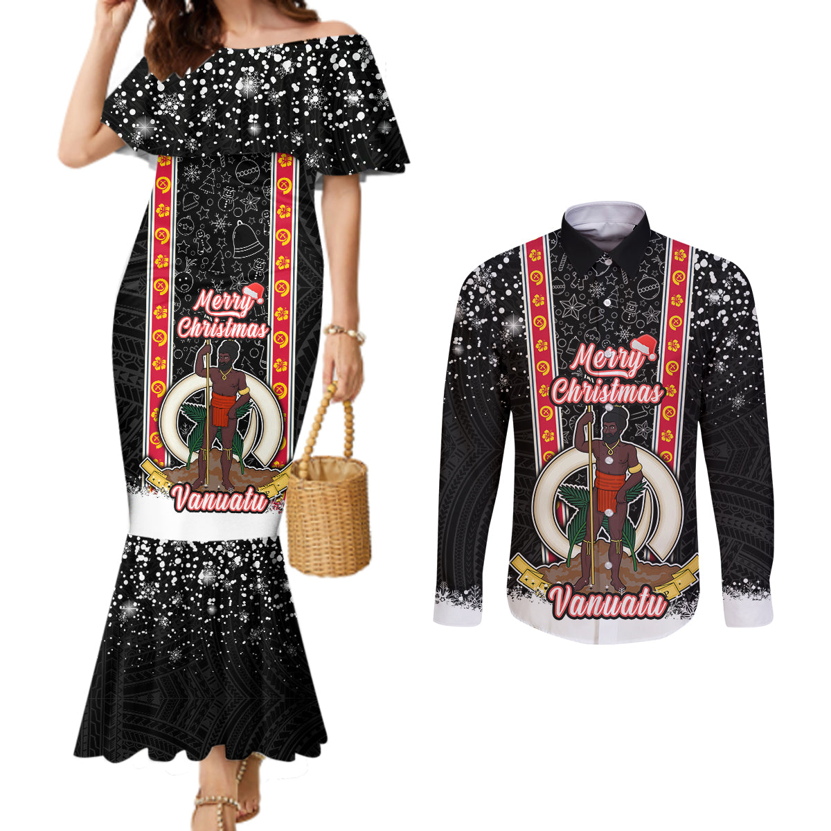 Personalised Vanuatu Christmas Couples Matching Mermaid Dress and Long Sleeve Button Shirts Polynesian Tribal Snow Style LT03 Black - Polynesian Pride