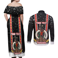 Personalised Vanuatu Christmas Couples Matching Off Shoulder Maxi Dress and Long Sleeve Button Shirts Polynesian Tribal Snow Style LT03 - Polynesian Pride