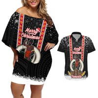 Personalised Vanuatu Christmas Couples Matching Off Shoulder Short Dress and Hawaiian Shirt Polynesian Tribal Snow Style LT03 Black - Polynesian Pride