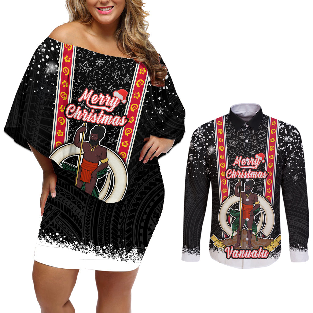 Personalised Vanuatu Christmas Couples Matching Off Shoulder Short Dress and Long Sleeve Button Shirts Polynesian Tribal Snow Style LT03 Black - Polynesian Pride